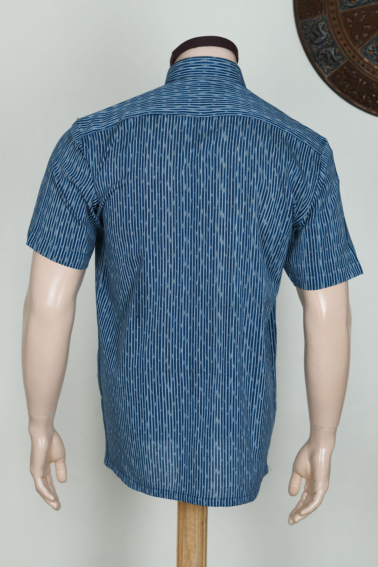 Regular Collar Monochrome Stripes Denim Blue Cotton Shirt