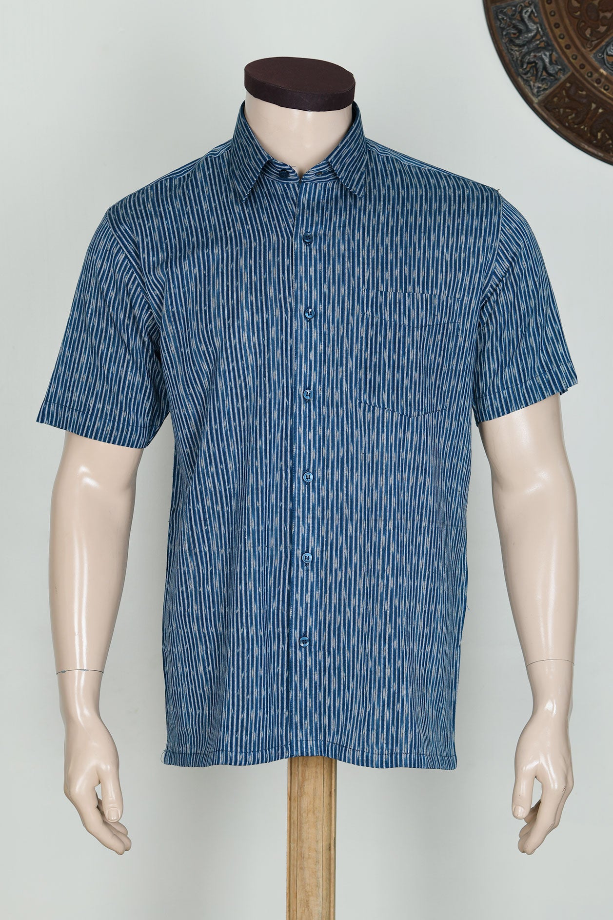 Regular Collar Monochrome Stripes Denim Blue Cotton Shirt