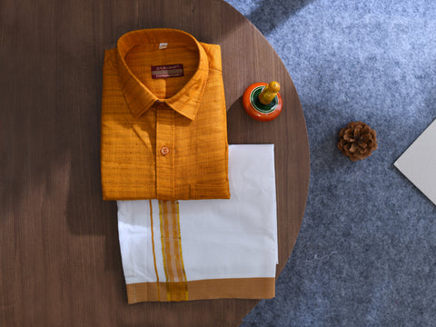 Regular Collar Mustard Cotton Shirt With Velcro Dhoti Set