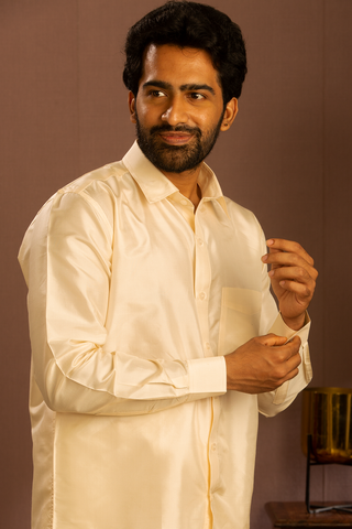 Regular Collar Off White Silk Shirt With Dhoti Set