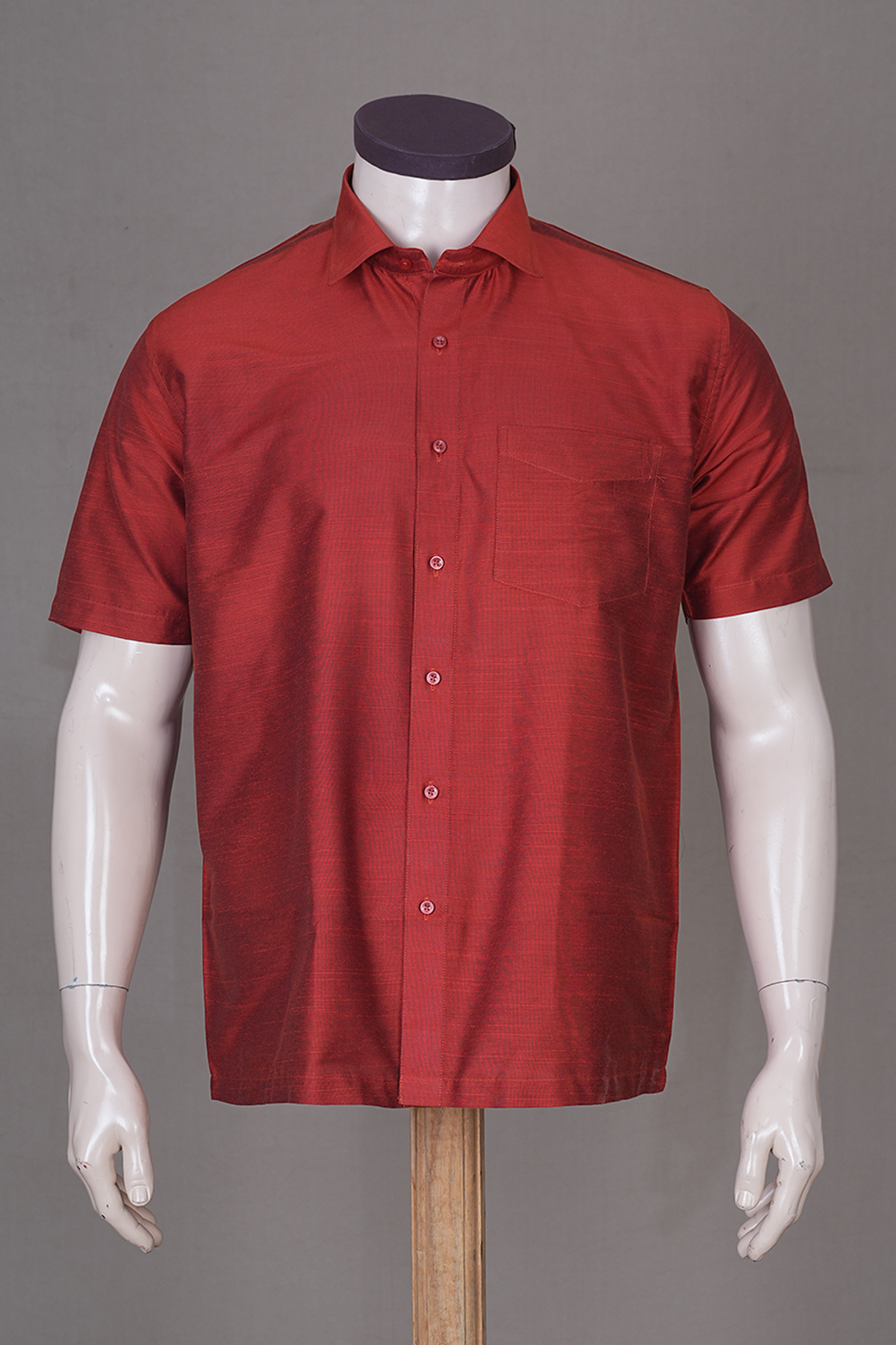 Regular Collar Plain Brick Red Raw Silk Shirt