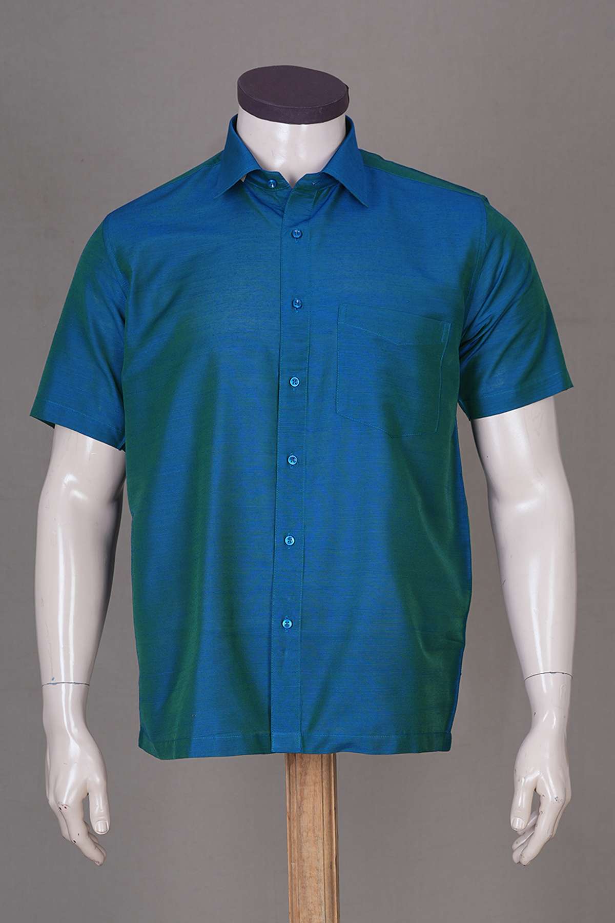 Regular Collar Plain Capri Blue Raw Silk Shirt