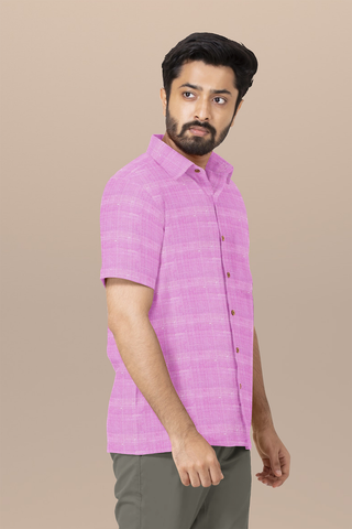 Regular Collar Plain Light Pink Raw Silk Shirt