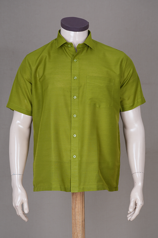 Regular Collar Plain Mehendi Green Raw Silk Shirt