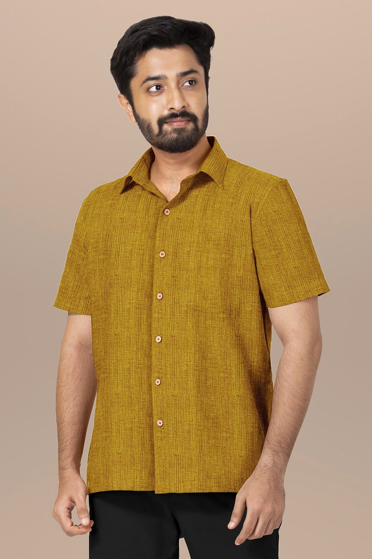 Regular Collar Plain Mustard  Cotton Shirt