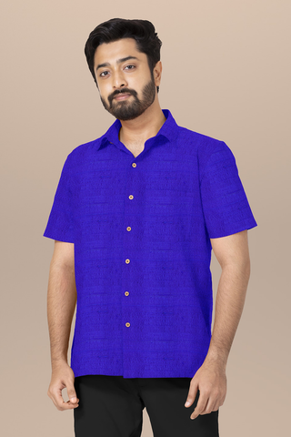 Regular Collar Plain Royal Blue Raw Silk Shirt