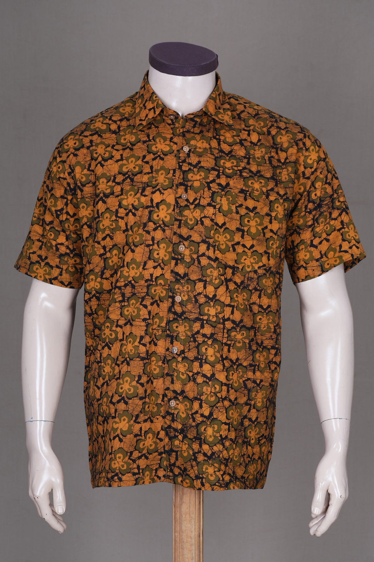 Regular Collar Dabbu Printed Ochre Orange Cotton Shirt