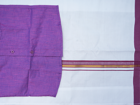 Regular Collar Purple Cotton Shirt With Velcro Dhoti Set