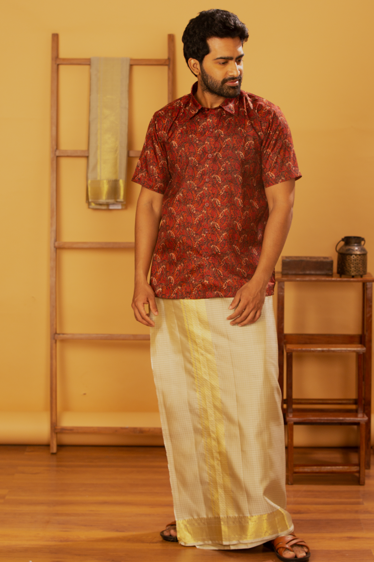 Regular Collar Cherry Red Printed Silk Shirt With Dhoti Set