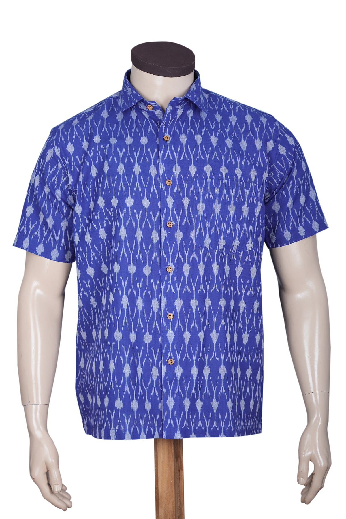 Regular Collar Royal Blue Ikat Cotton Shirt