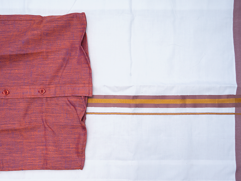 Regular Collar Rust Orange Cotton Shirt With Velcro Dhoti Set