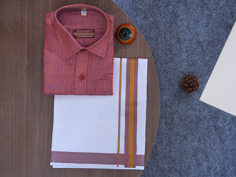 Regular Collar Rust Orange Cotton Shirt With Velcro Dhoti Set