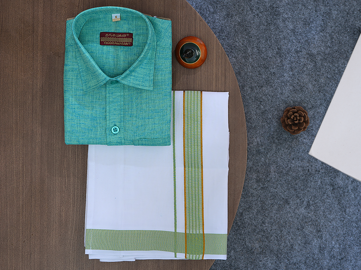 Regular Collar Sea Green Cotton Shirt With Velcro Dhoti Set