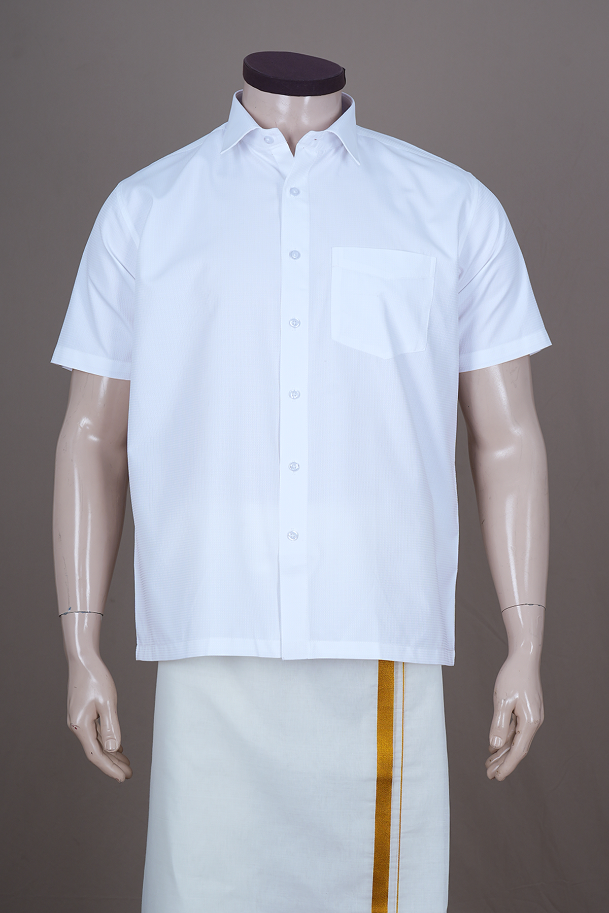 Regular Collar Self Checks Design Pure White Cotton Shirt