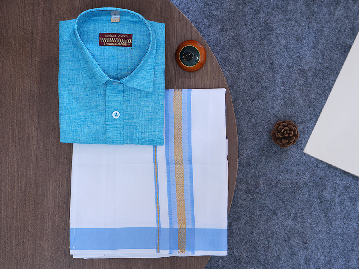 Regular Collar Sky Blue Cotton Shirt With Velcro Dhoti Set