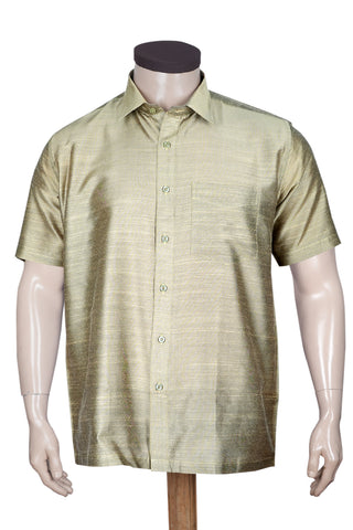 Regular Collar Solid Beige Raw Silk Shirt