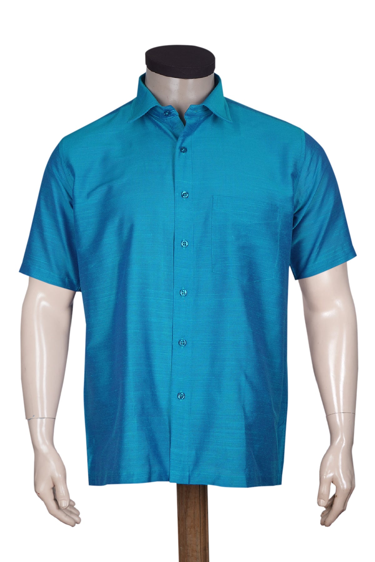 Regular Collar Solid Cerulean Blue Raw Silk Shirt