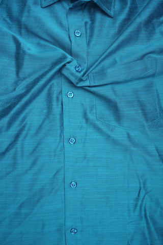 Regular Collar Solid Cerulean Blue Raw Silk Shirt