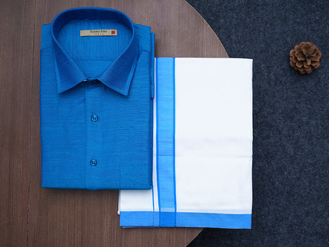 Regular Collar Solid Cobalt Blue Cotton Shirt With Dhoti Set