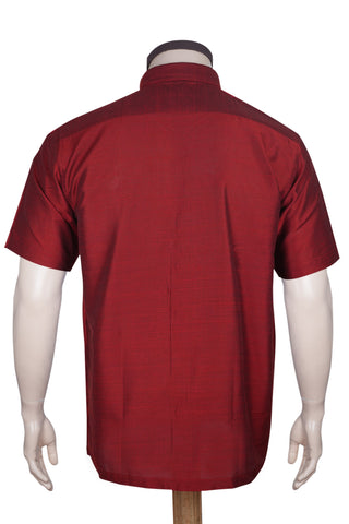 Regular Collar Solid Crimson Red Raw Silk Shirt
