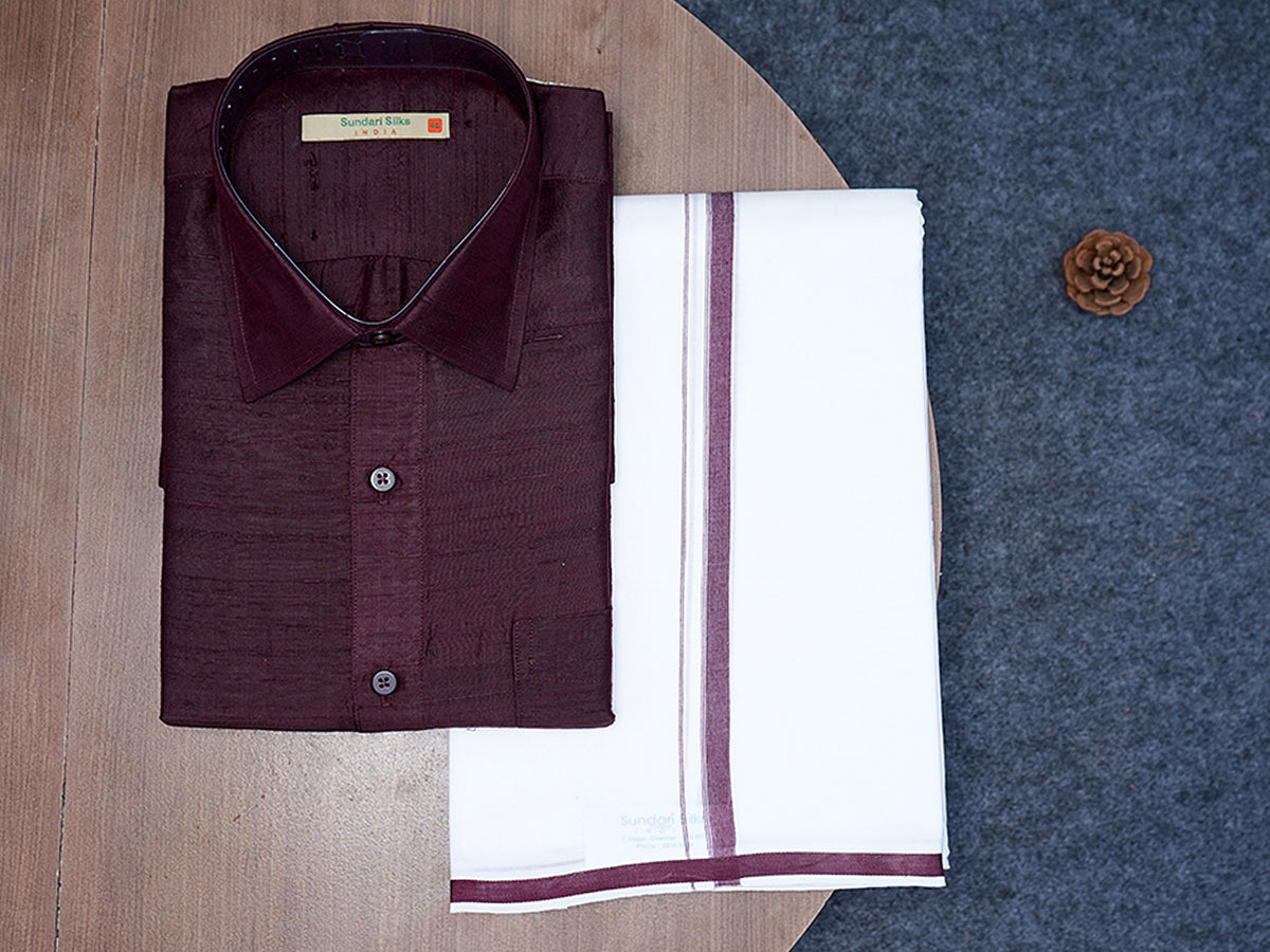 Regular Collar Solid Plum Brown Raw Silk Shirt With Dhoti Set
