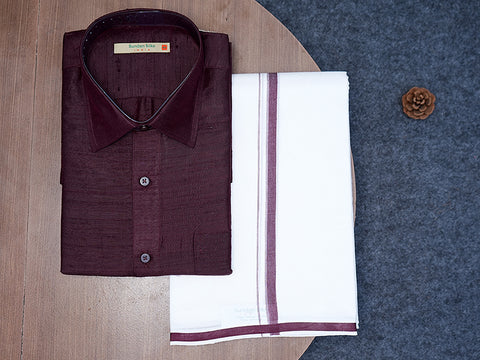 Regular Collar Solid Plum Brown Raw Silk Shirt With Dhoti Set