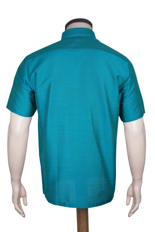 Regular Collar Solid Sea Blue Raw Silk Shirt