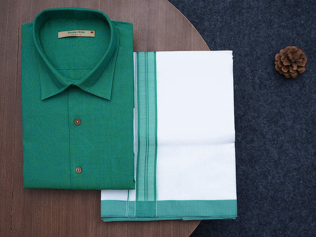Regular Collar Solid Sea Green Cotton Shirt With Dhoti Set