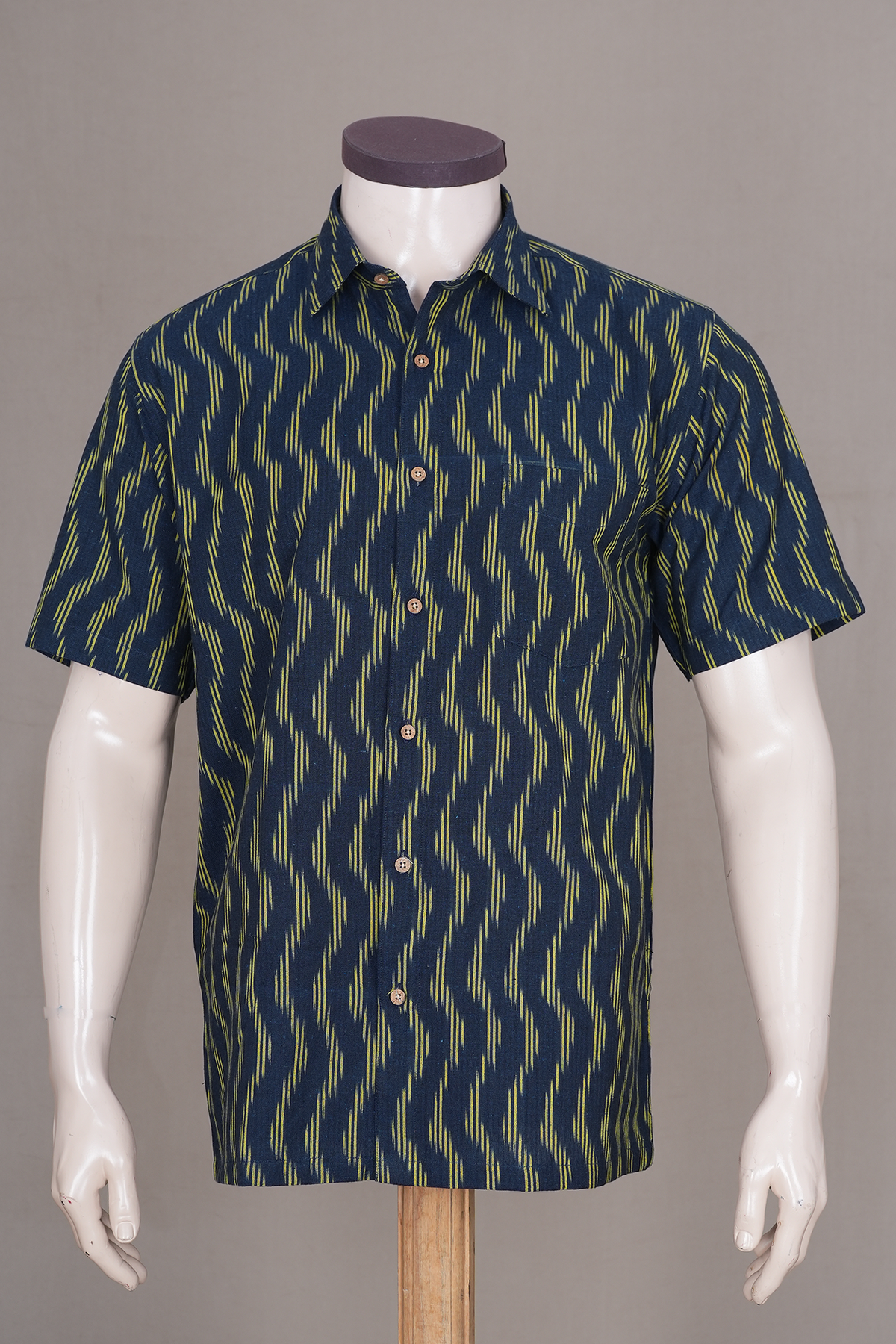 Regular Collar Stripes Design Midnight Blue Ikat Cotton Shirt