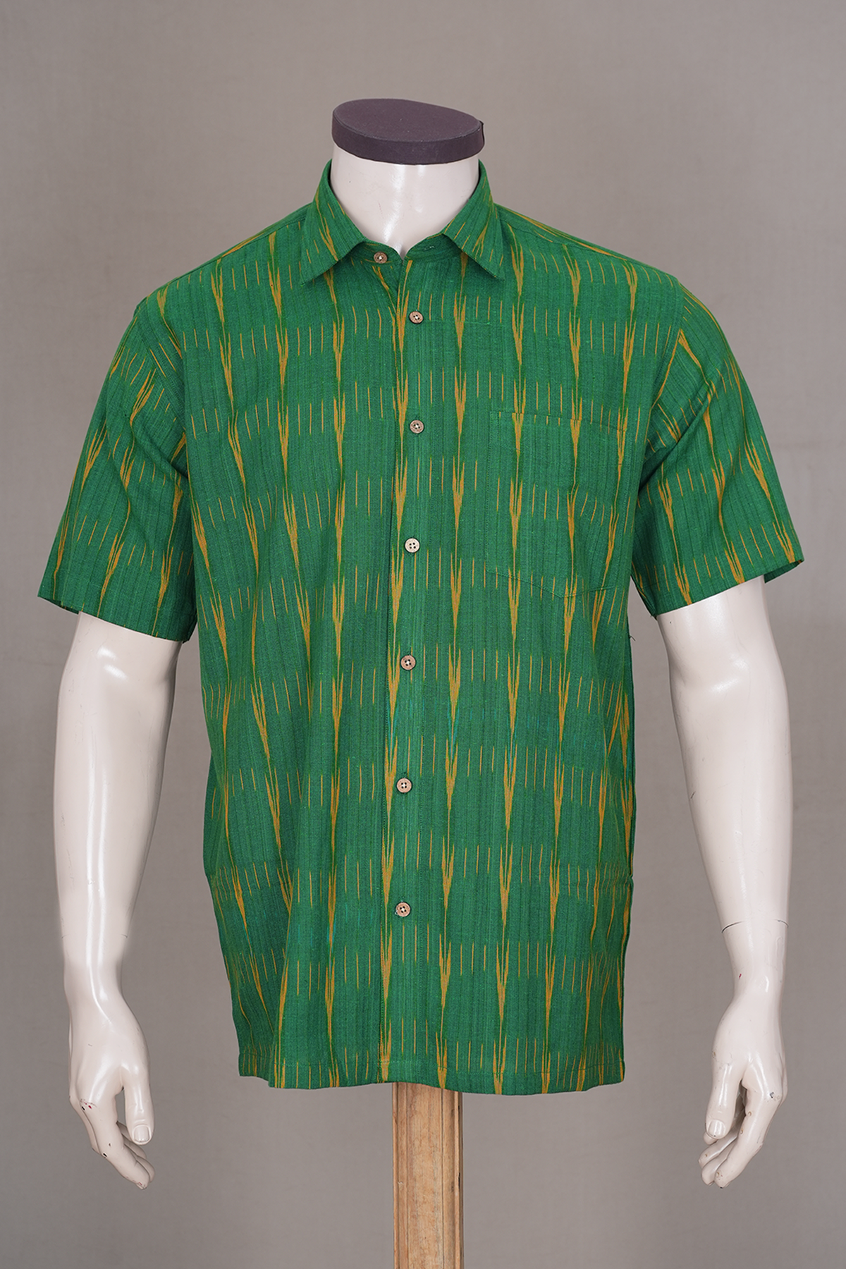 Regular Collar Stripes Design Bold Green Ikat Cotton Shirt
