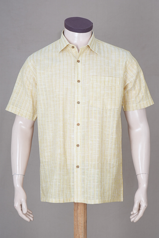 Regular Collar Stripes Design Light Yellow Linen Cotton Shirt