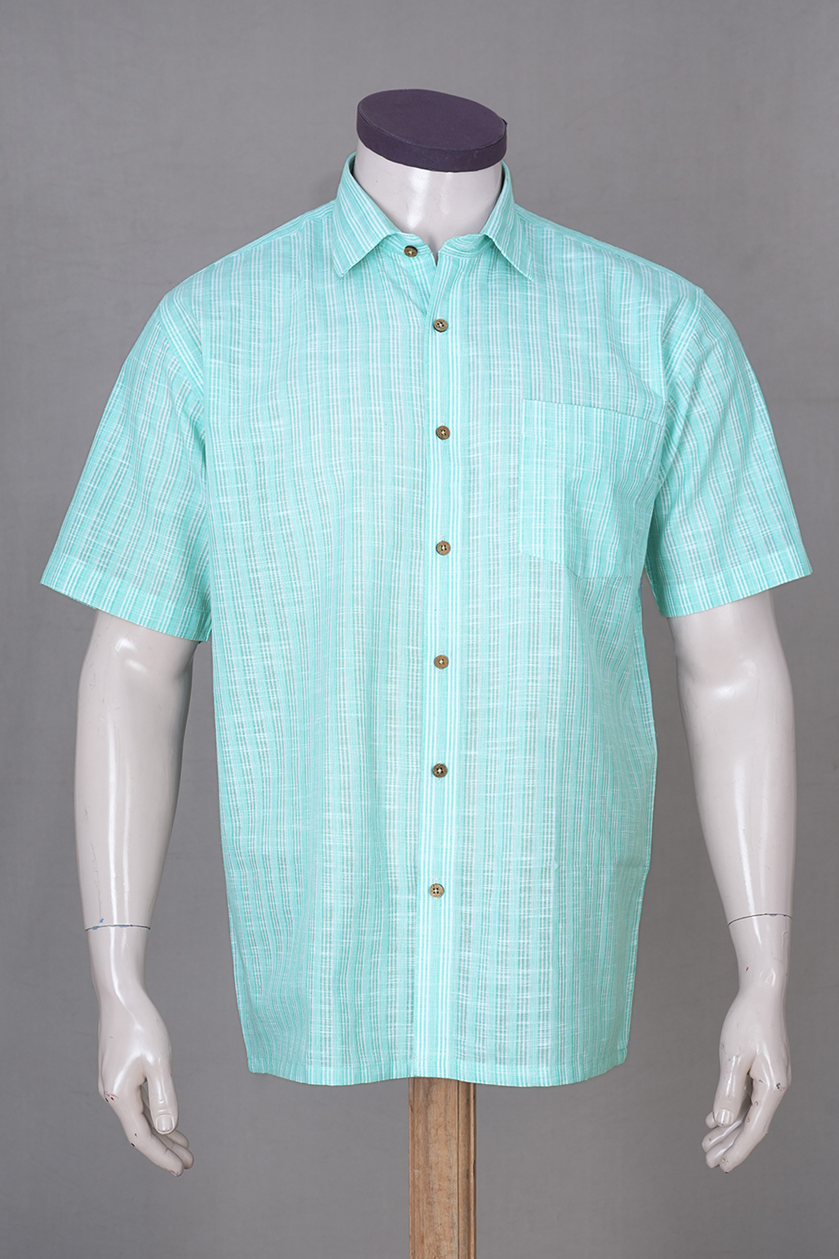 Regular Collar Stripes Design Mint Blue Linen Cotton Shirt