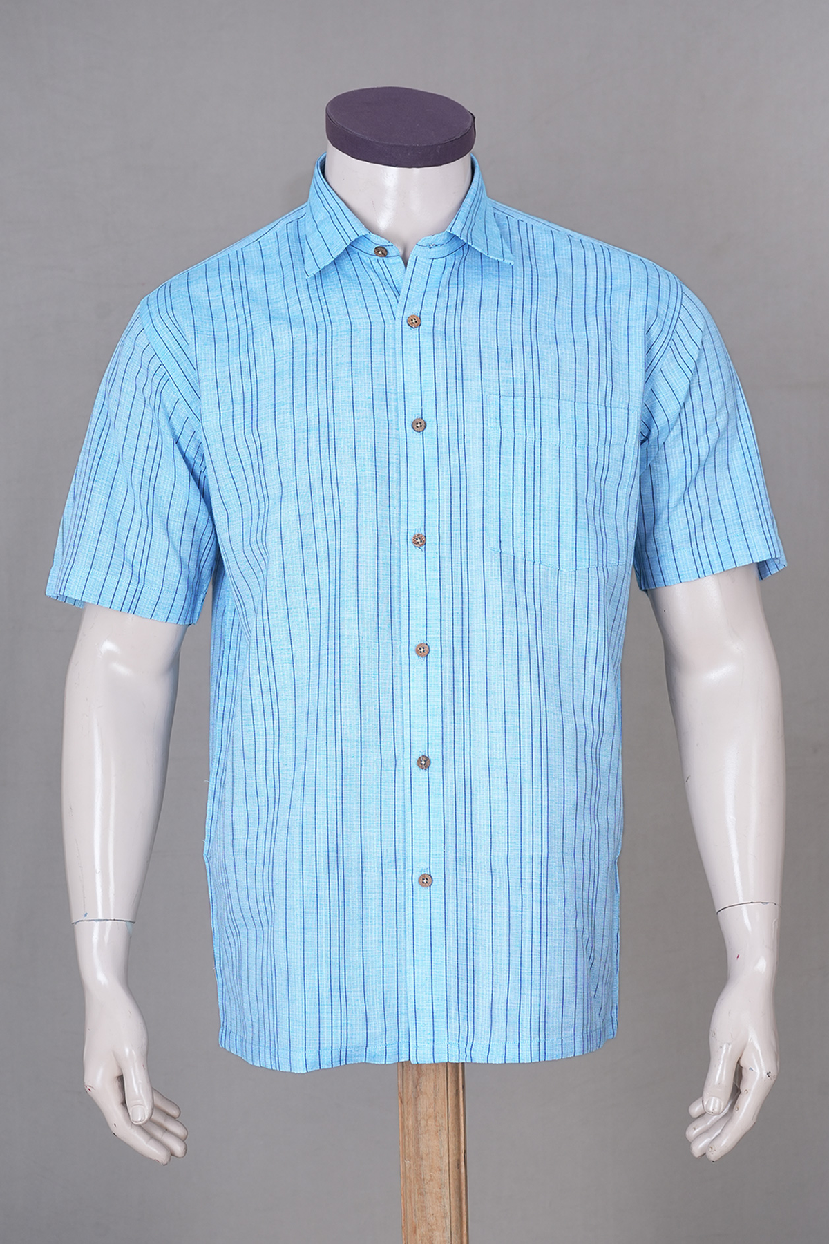 Regular Collar Stripes Design Pastel Blue Linen Cotton Shirt