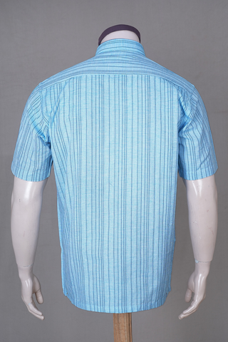 Regular Collar Stripes Design Pastel Blue Linen Cotton Shirt