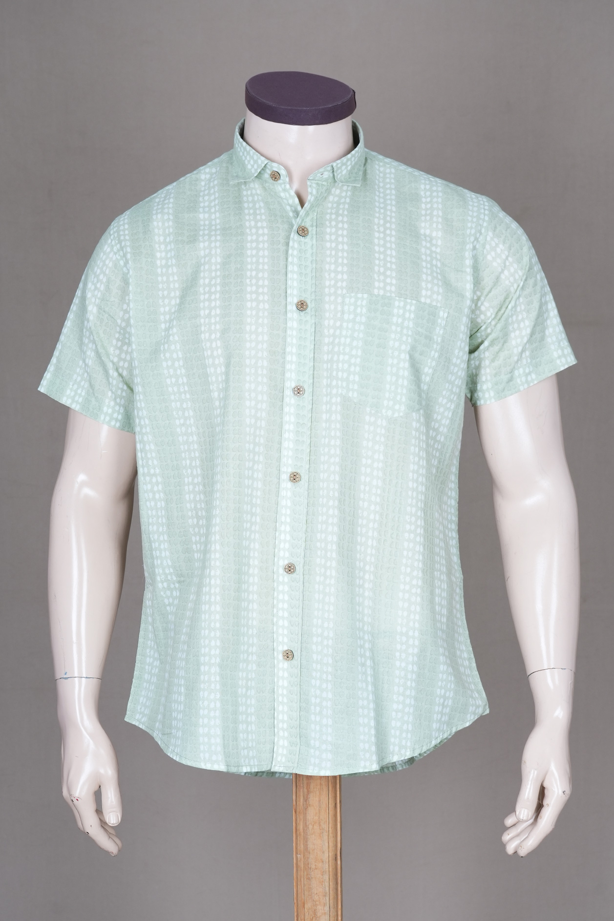 Regular Collar Stripes Design Pastel Green Cotton Shirt