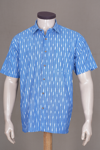 Regular Collar Stripes Design Powder Blue Ikat Cotton Shirt