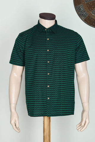 Regular Collar Chevron Design Black And Bottle Green Cotton Shirt