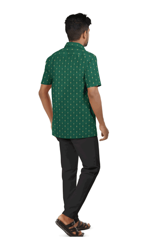 Regular Collar Threadwork Buttas Green Cotton Shirt