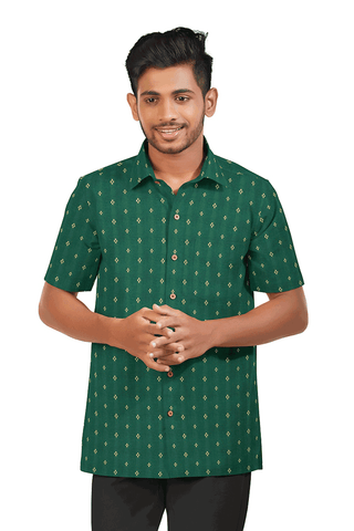 Regular Collar Threadwork Buttas Green Cotton Shirt