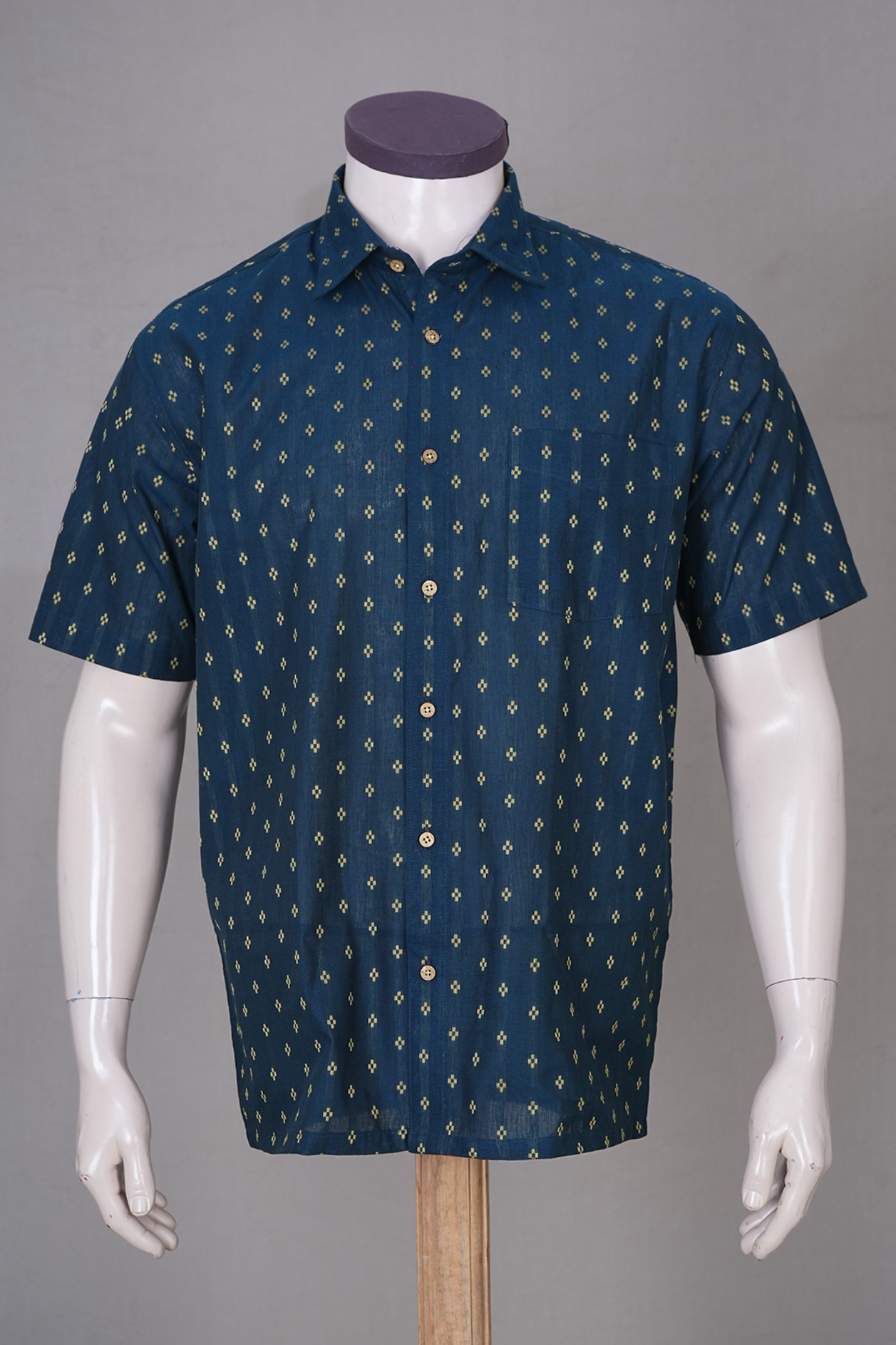 Regular Collar Threadwork Buttis Prussian Blue Cotton Shirt