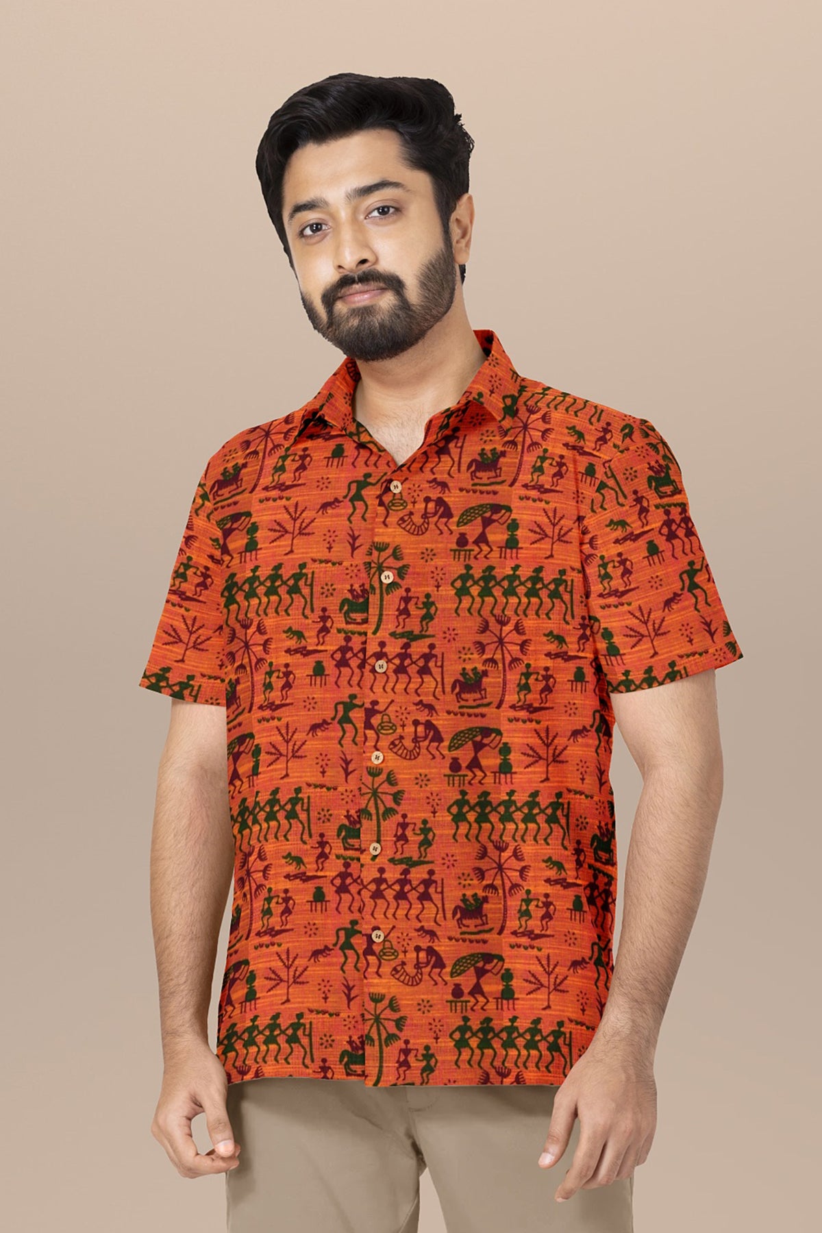 Regular Collar Warli Printed Orange Cotton Shirt