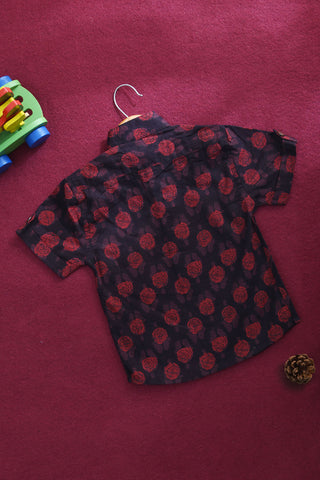 Chinese Collar With Floral Printed Black Cotton Shirt