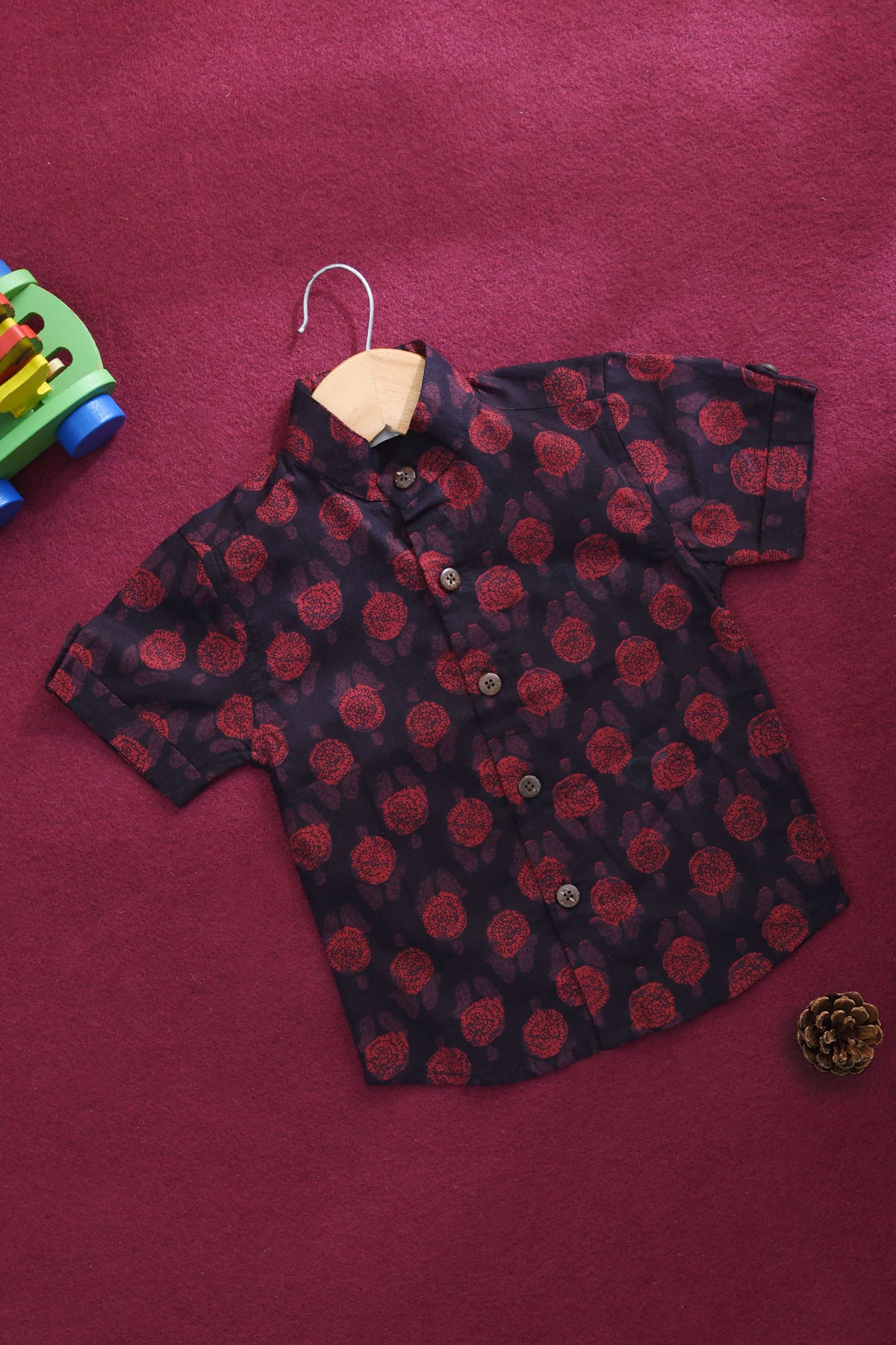 Chinese Collar With Floral Printed Black Cotton Shirt