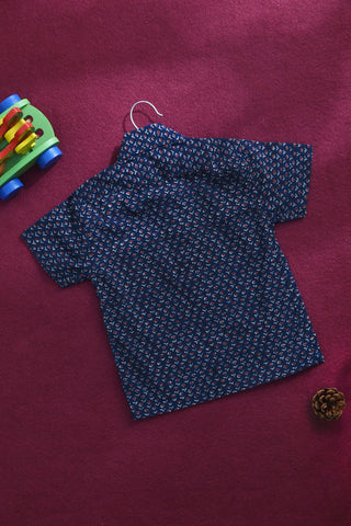 Regular Collar With Floral Printed Navy Blue Cotton Shirt