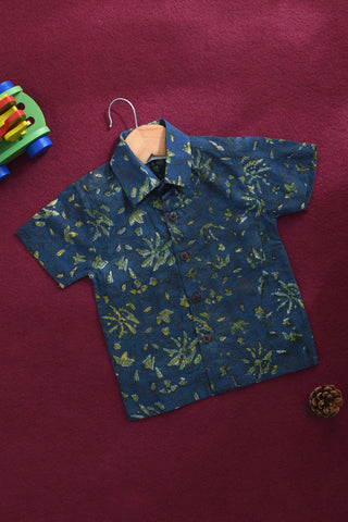Regular Collar With Floral Printed Peacock Blue Cotton Shirt