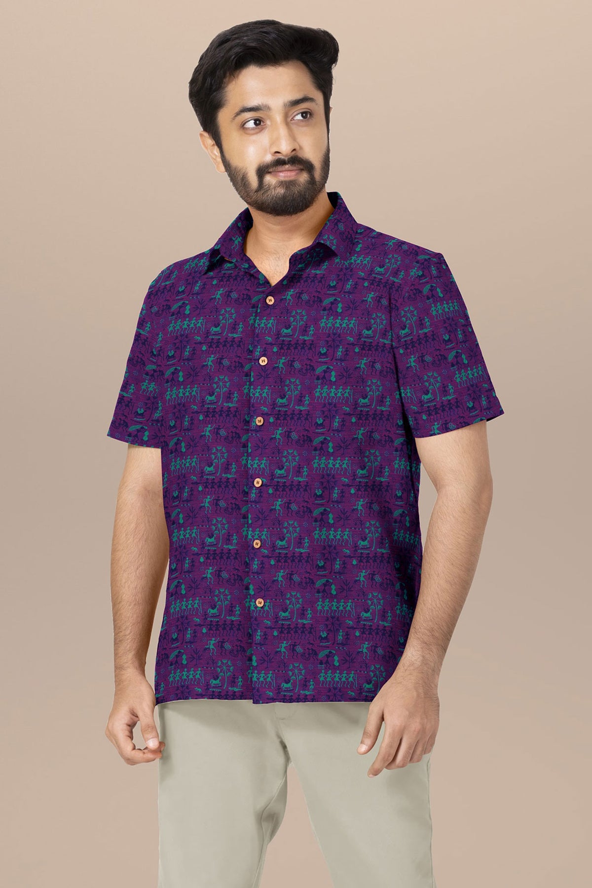 Regular Collar With Warli Printed Purple Cotton Shirt