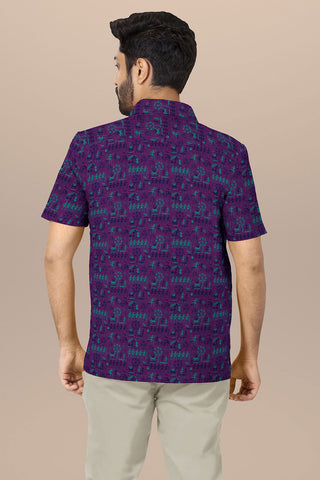 Regular Collar With Warli Printed Purple Cotton Shirt