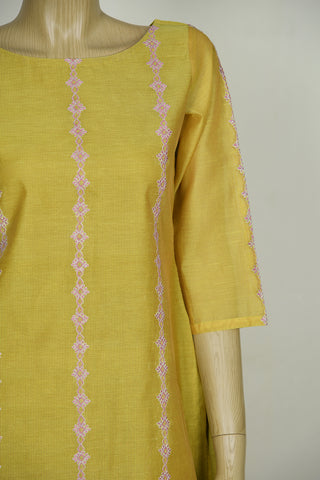 Round Neck Embroidered Stripes Yellow Chanderi Cotton Straight Long Kurta