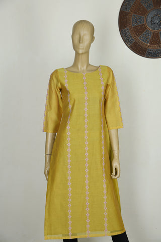 Round Neck Embroidered Stripes Yellow Chanderi Cotton Straight Long Kurta