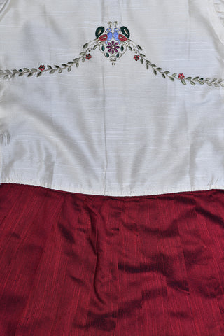 Round Neck Embroidered Ivory And Maroon Pavadai Sattai